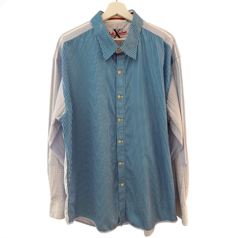 Flawed-Robert Graham Mens 3XL Teal Striped Mixed Media Button Front Shirt Cotton